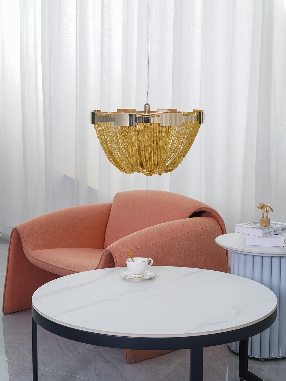 Talj plafondlamp met ketting van aluminium en tassel in nikkel