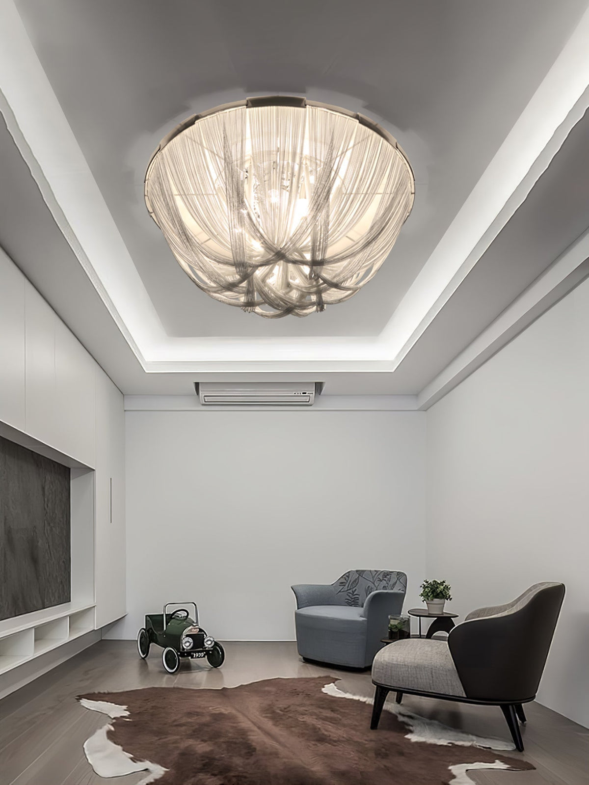 Talj plafondlamp met ketting van aluminium en tassel in nikkel