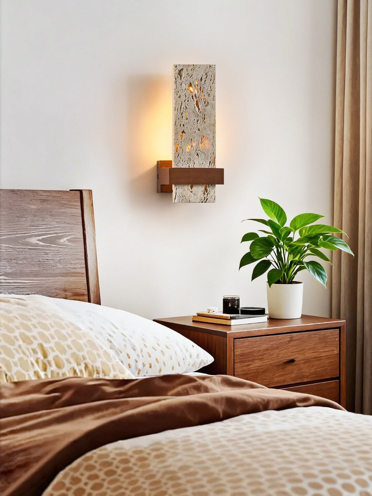 Brann Terra Geel travertin wandlamp met Walnoot