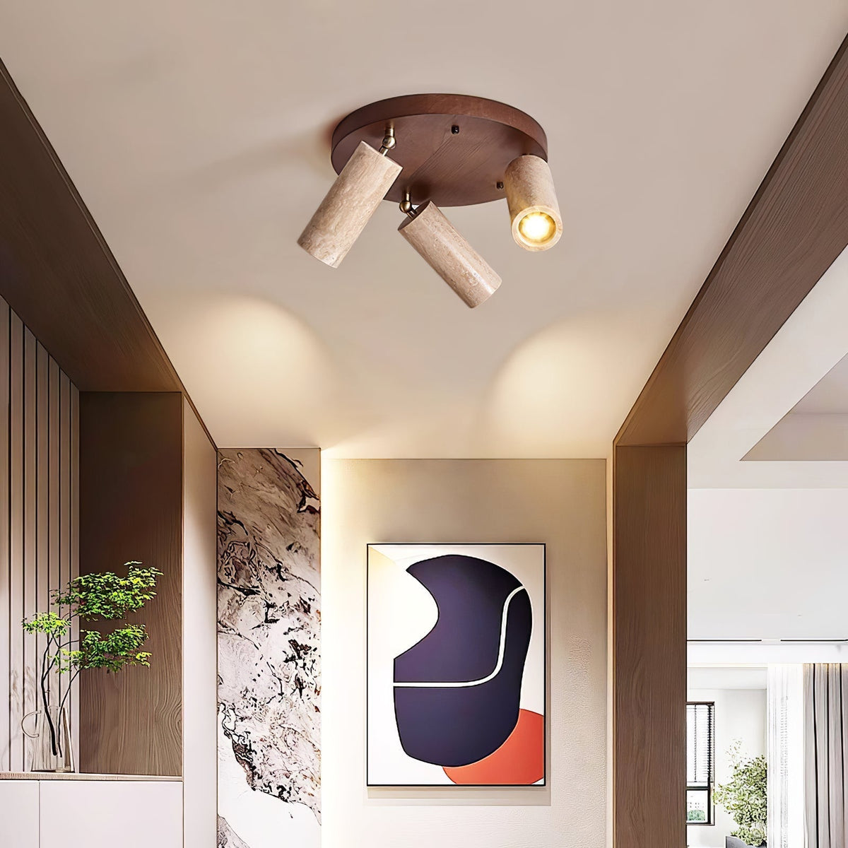Zevenion meervoudige arm plafondlamp met walnoothout en geel travertin