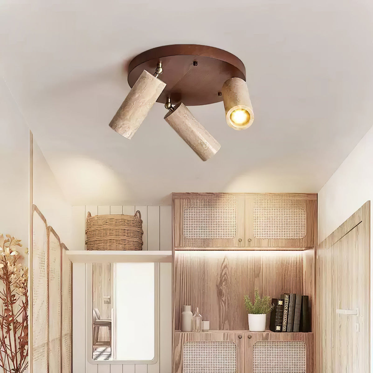 Zevenion meervoudige arm plafondlamp met walnoothout en geel travertin