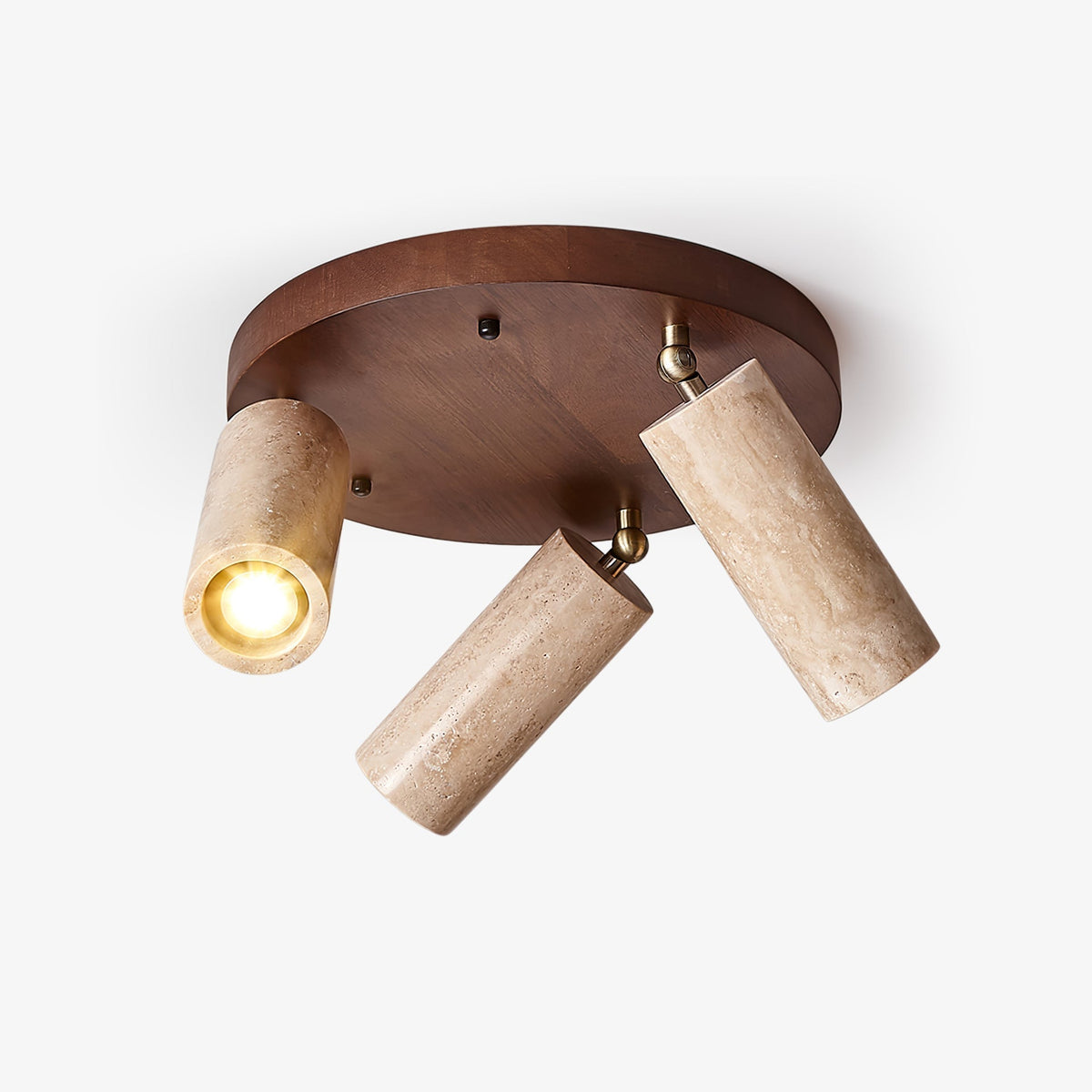 Zevenion meervoudige arm plafondlamp met walnoothout en geel travertin