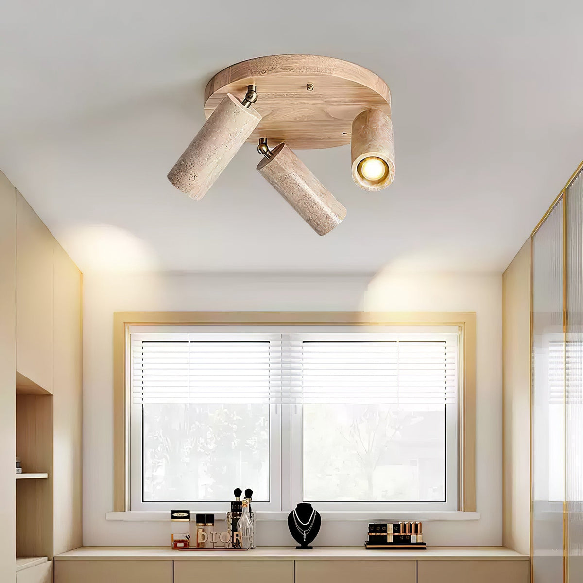 Zevenion meervoudige arm plafondlamp met walnoothout en geel travertin
