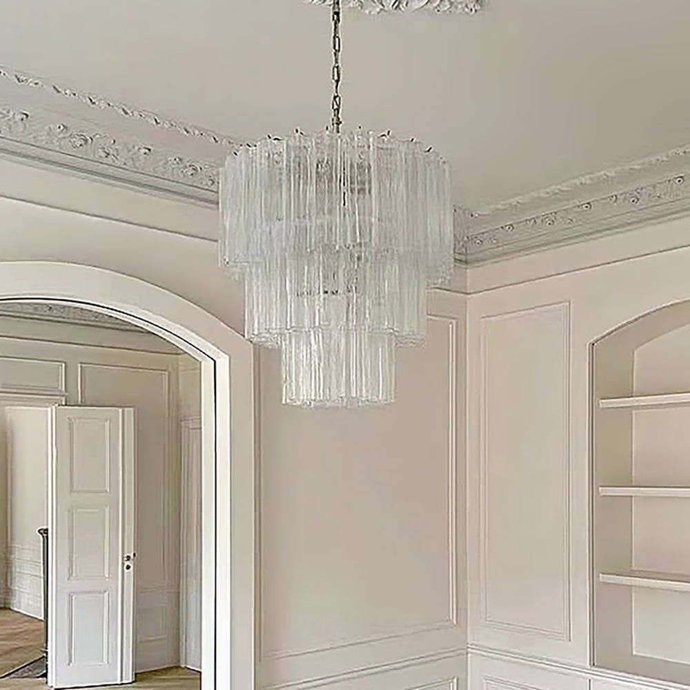 Lioroiel kroonluchter met gelaagde Murano-glasbuizen en waterval-effect in luxe uitvoering