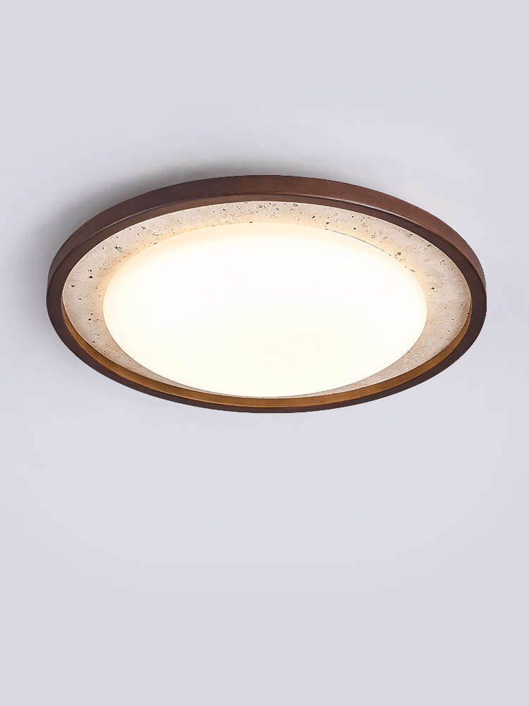 Bexm ronde plafondlamp van geel travertin en walnoothout