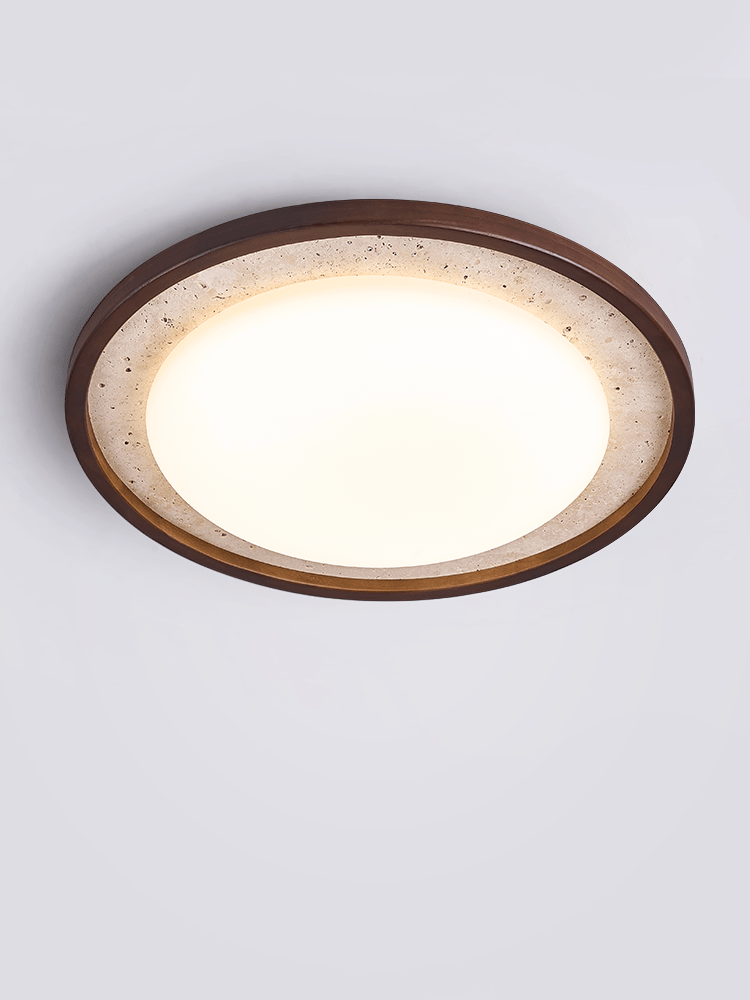 Bexm ronde plafondlamp van geel travertin en walnoothout