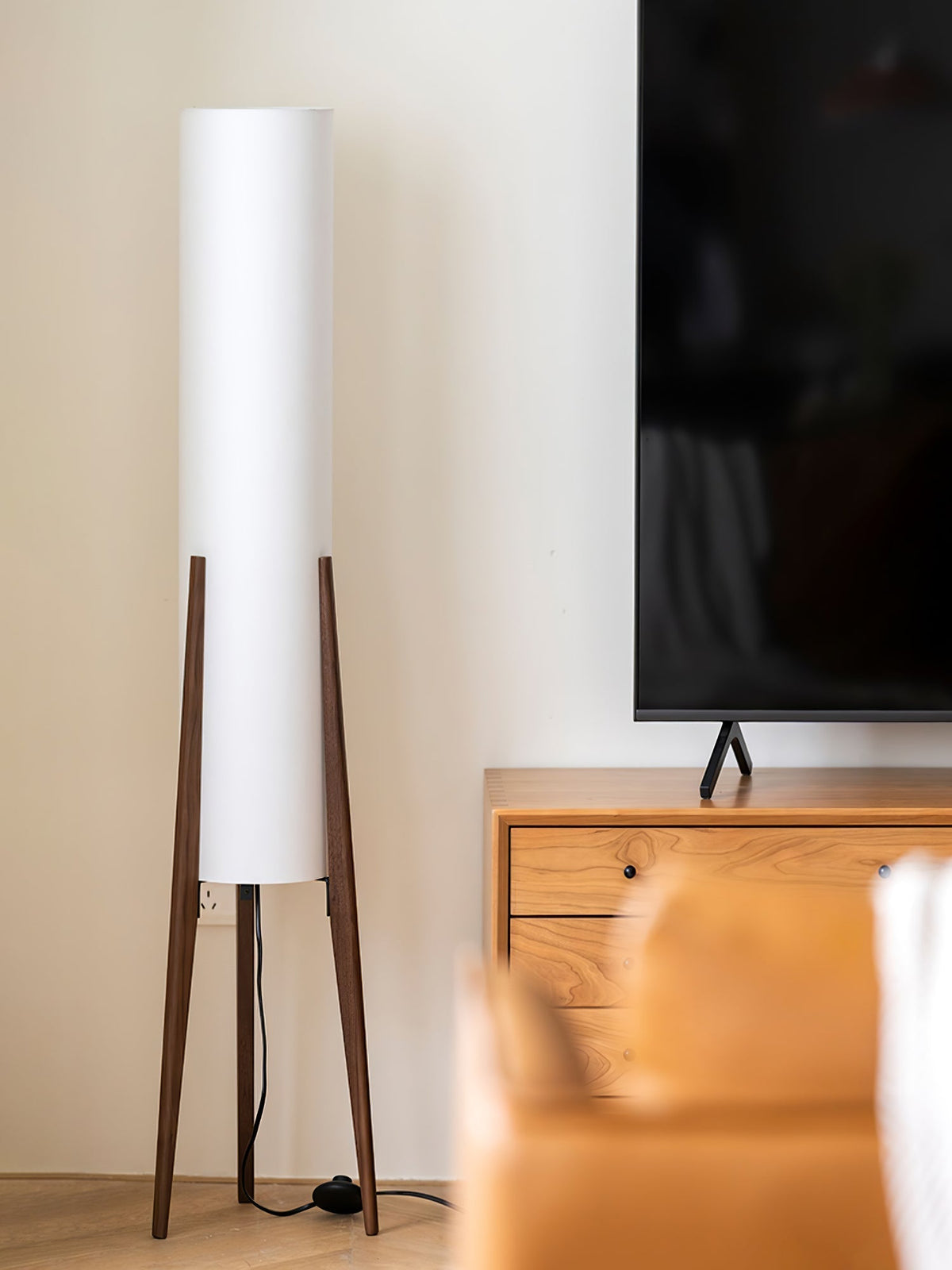 Triluxe moderne vloerlamp met hout en stof