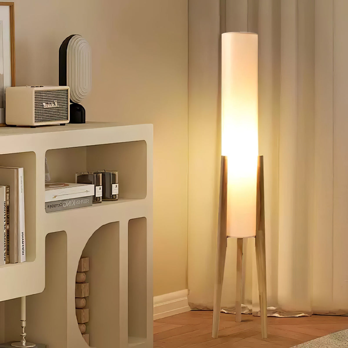 Triluxe moderne vloerlamp met hout en stof