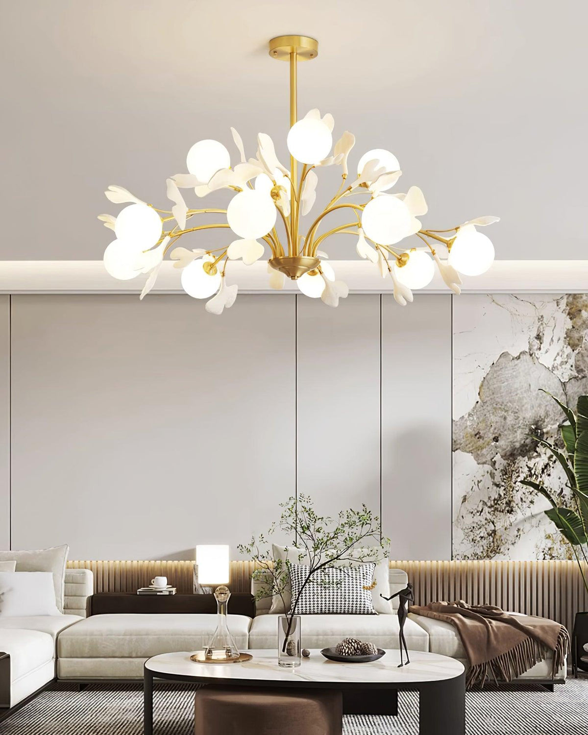 Ginkgo kroonluchter met matglas bolvormige kap