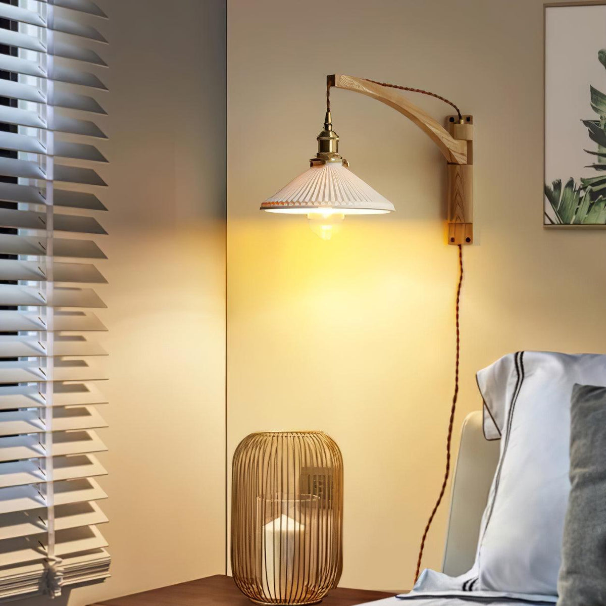 Evin Noordse kunst Swing Arm wandlamp van walnoothout en keramiek