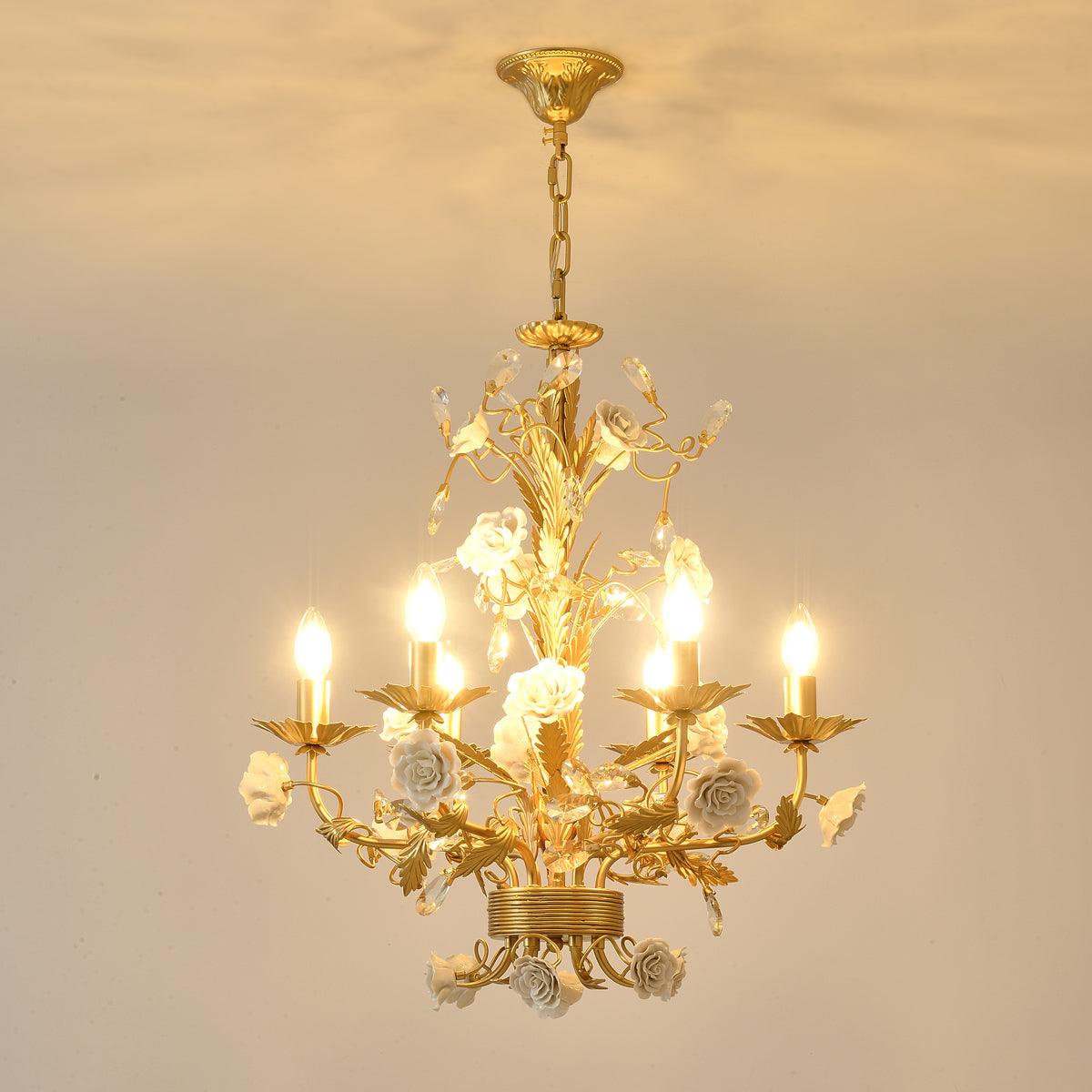 Kroonluchter Ornate Metaal Kader Porseleinen Rozen Kristal Klassiek Luxe