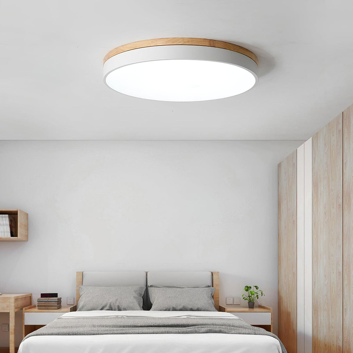Daelis Witte Ronde plafondlamp met Houten Accent