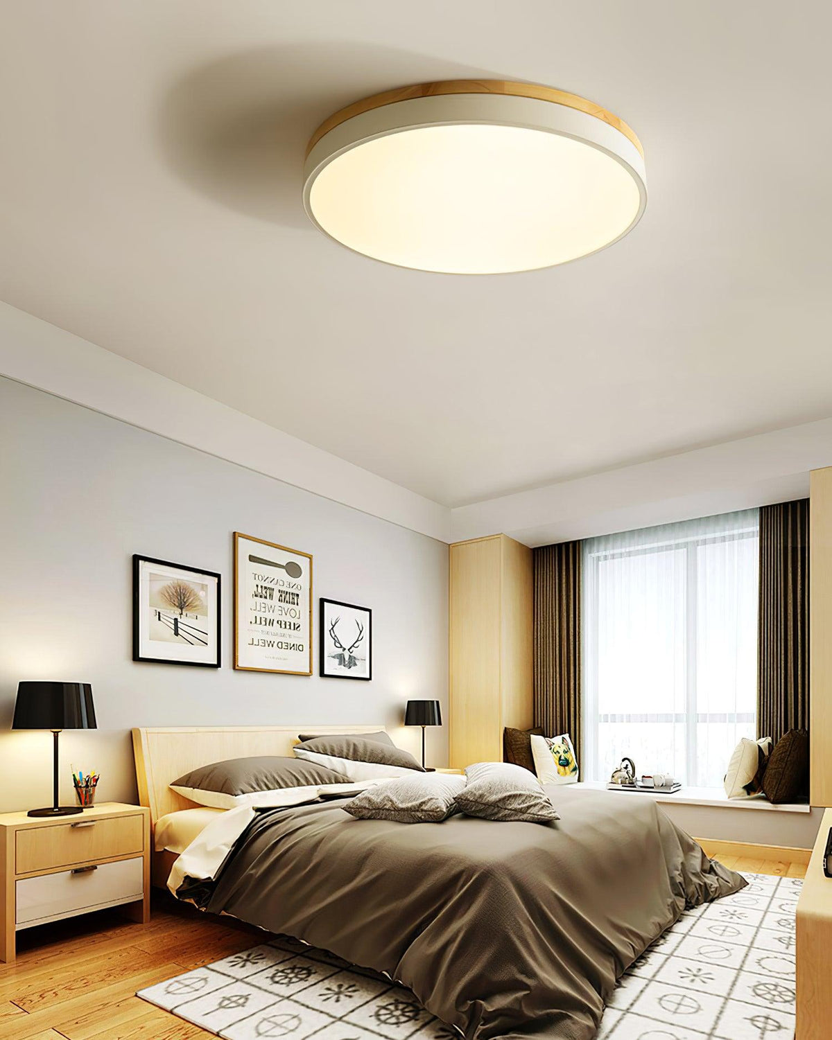 Daelis Witte Ronde plafondlamp met Houten Accent