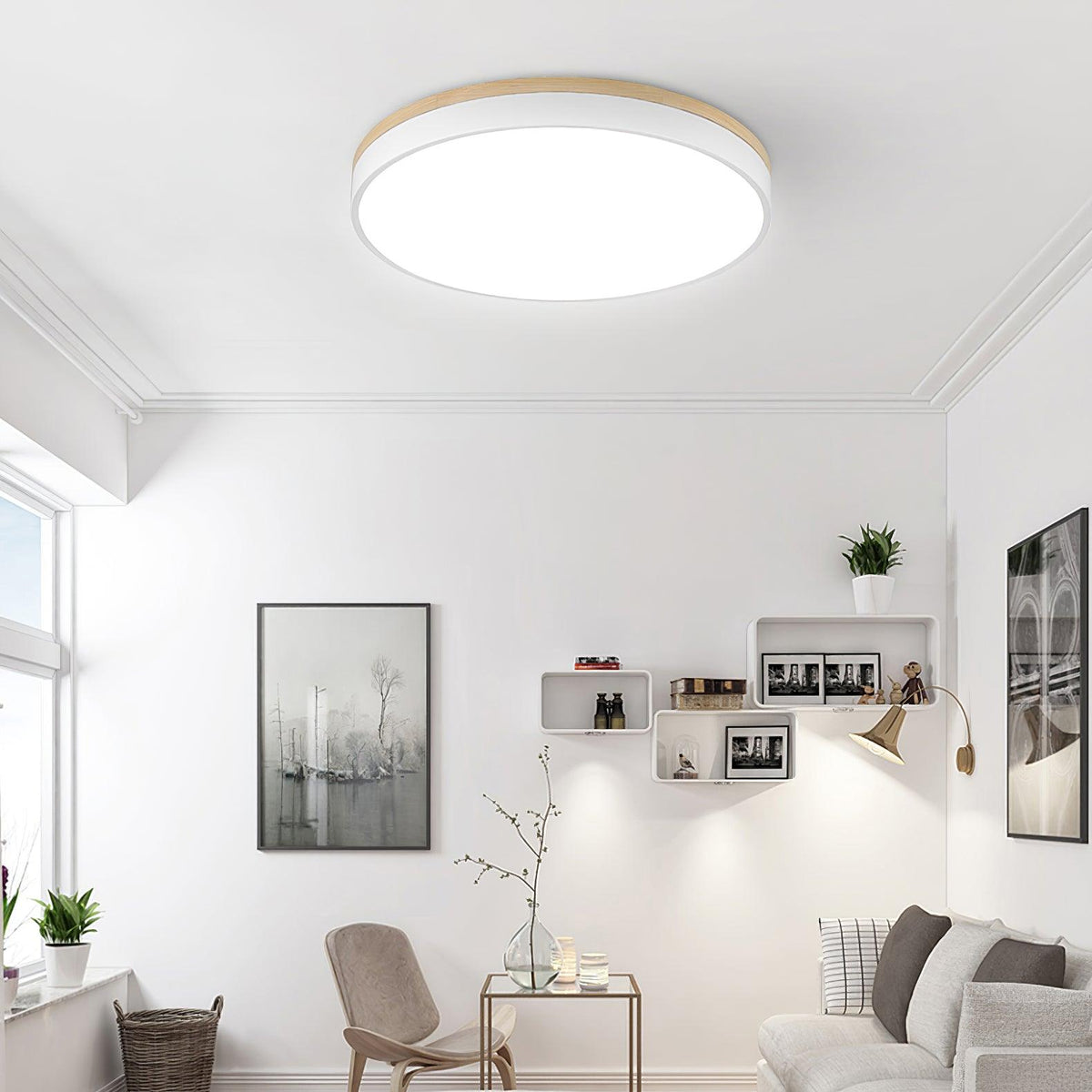 Daelis Witte Ronde plafondlamp met Houten Accent
