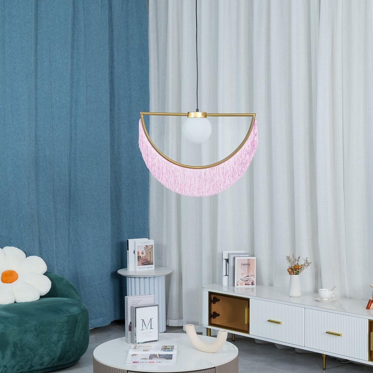 Sirove hanglamp met stoffen franjes bol retro bohemian