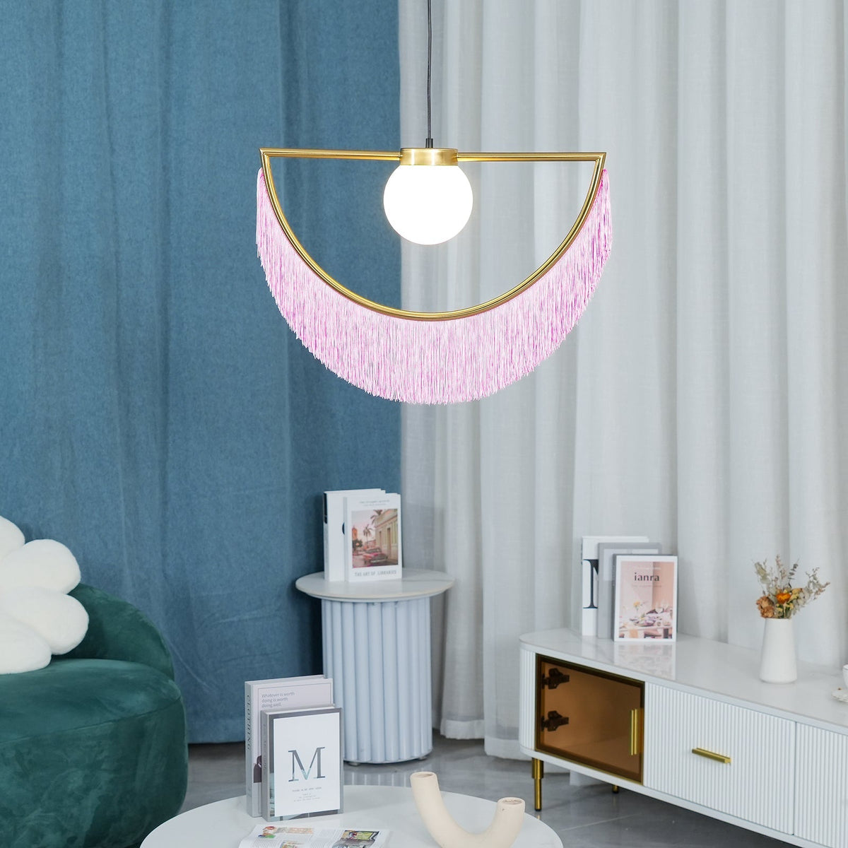 Sirove hanglamp met stoffen franjes bol retro bohemian