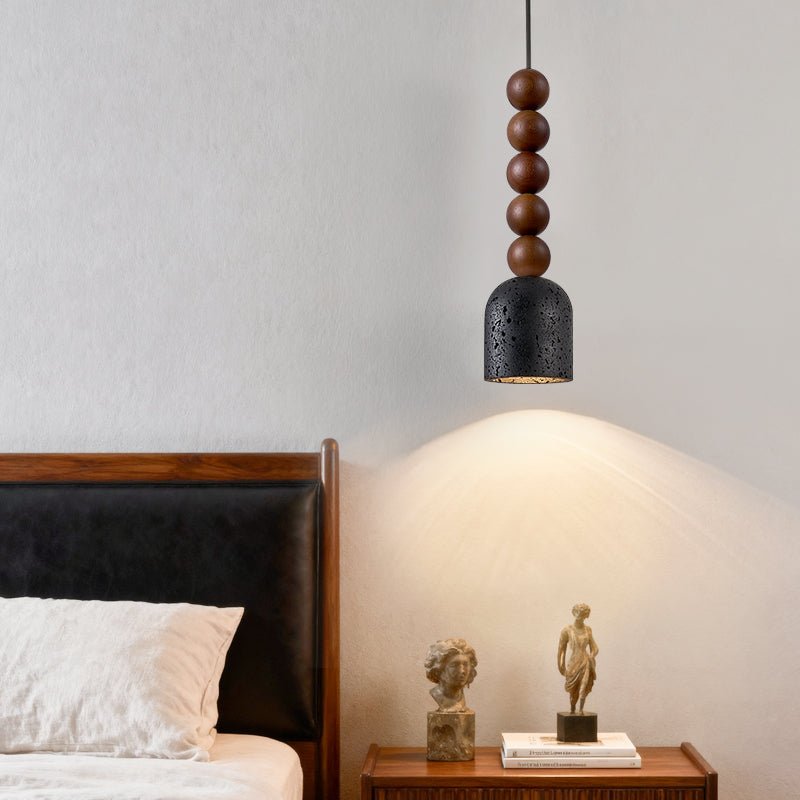 Tavirine hanglamp met houten kralen en travertin