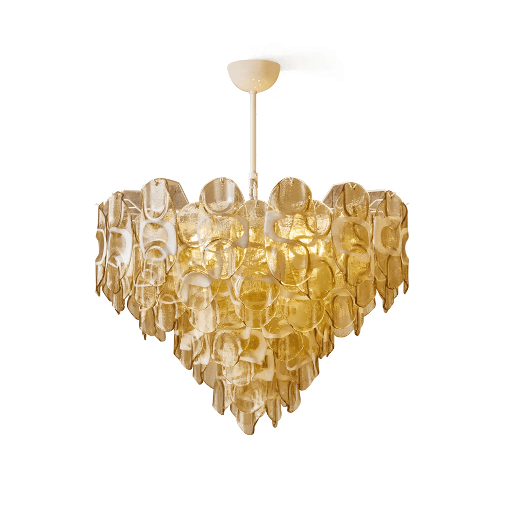 Celuora kroonluchter met gelaagde amberkleurige Murano-glas ovaalvormige druppels