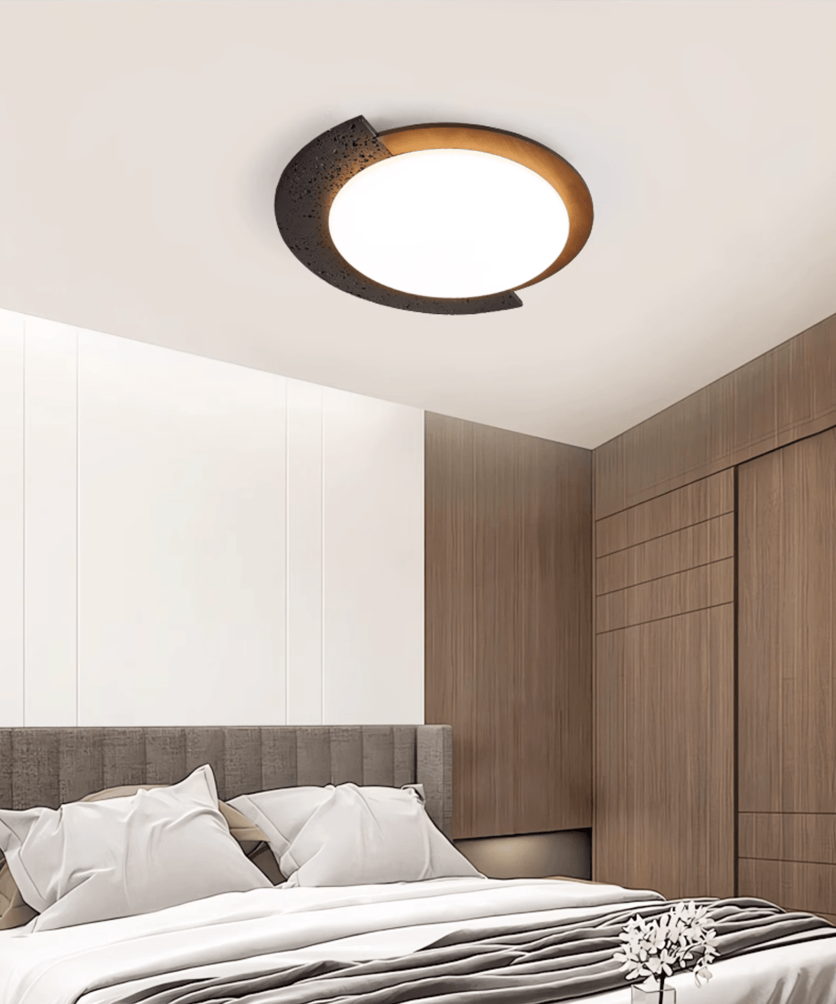 Taveira asymmetrische plafondlamp van zwarte travertin en donker walnoot