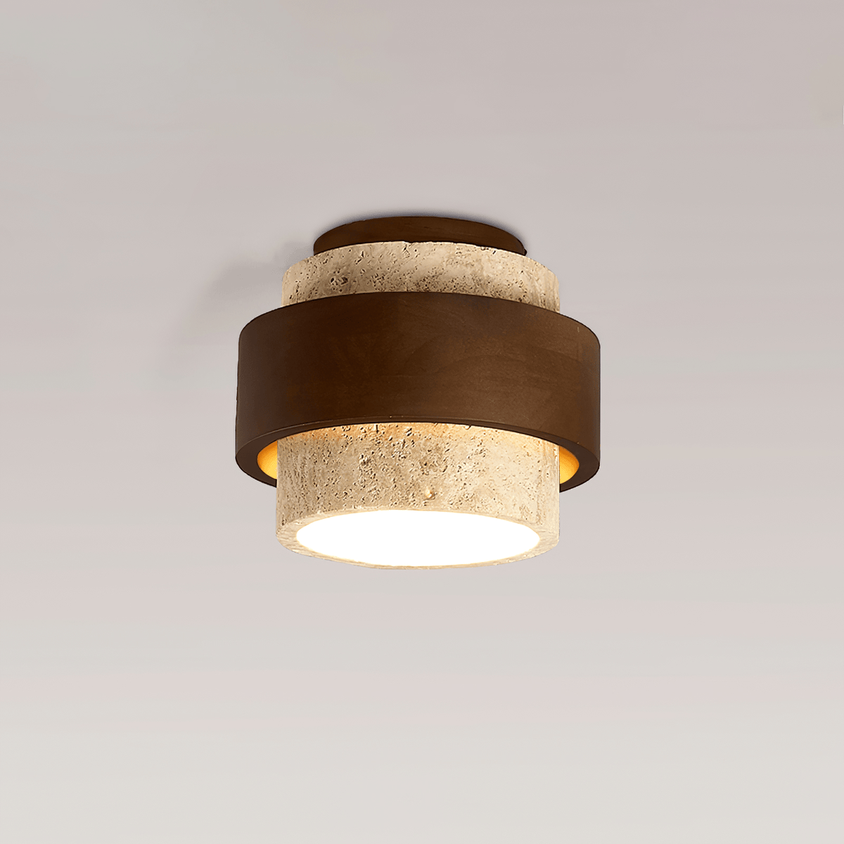 Perra plafondlamp met geconcentreerde ringen van travertin en donker walnoot