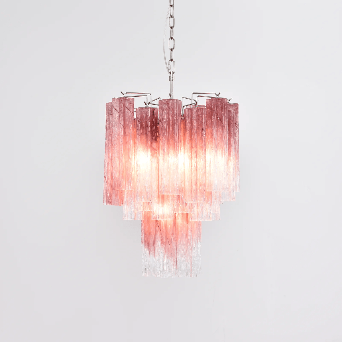 Veluora kroonluchter met roze-naar-kleureloos gradient Murano-glas in lagen