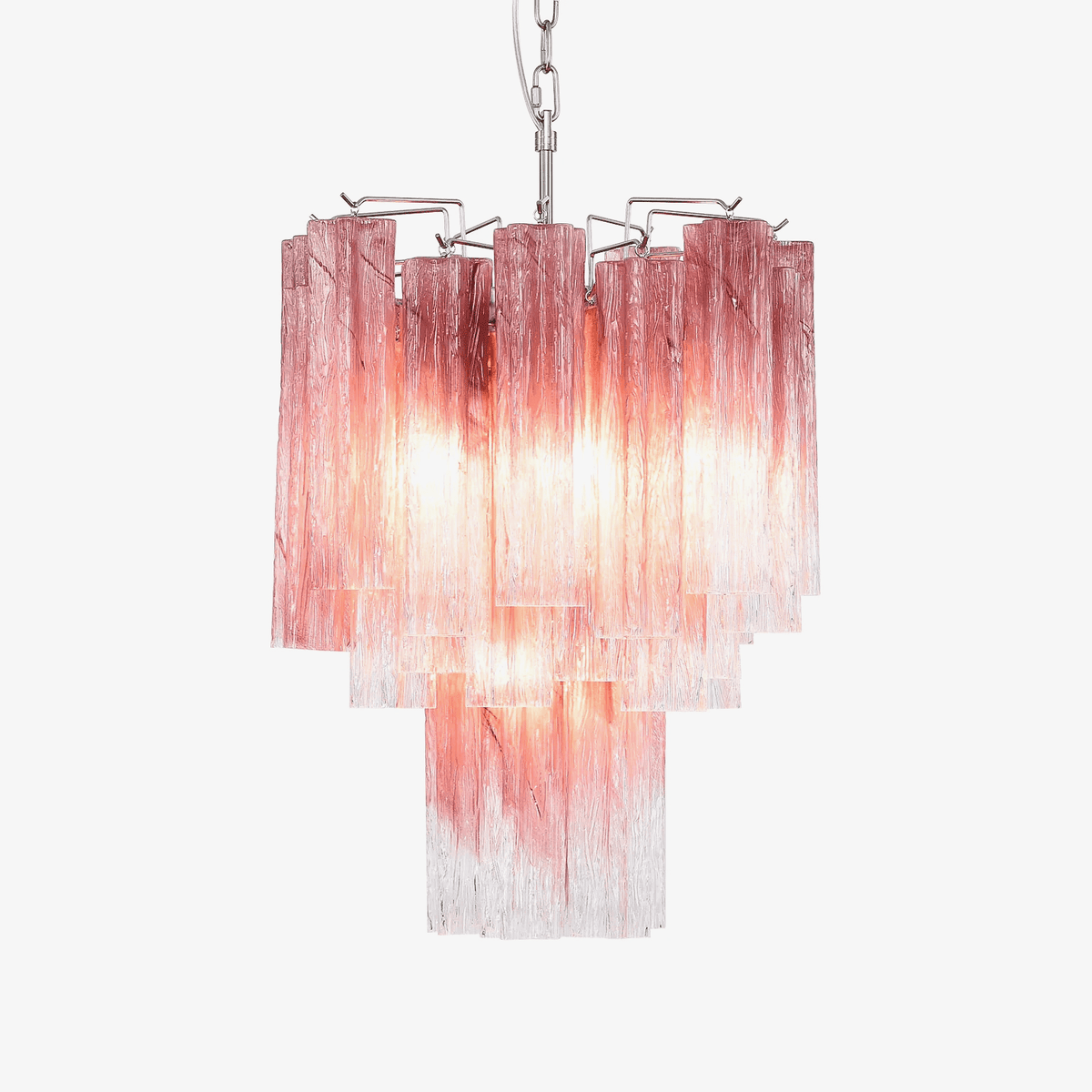 Veluora kroonluchter met roze-naar-kleureloos gradient Murano-glas in lagen