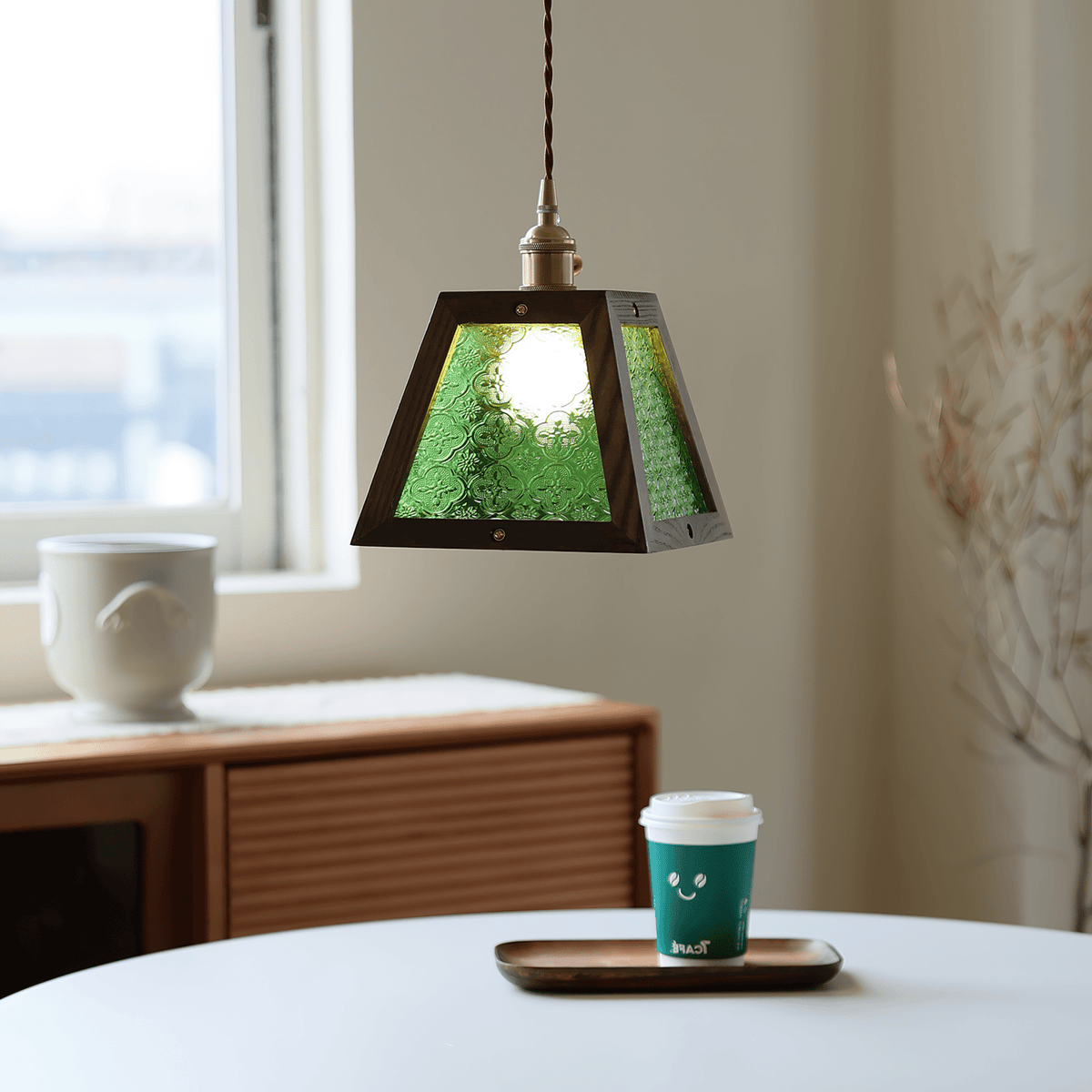Lioriraine hanglamp met groen gepatineerd glas