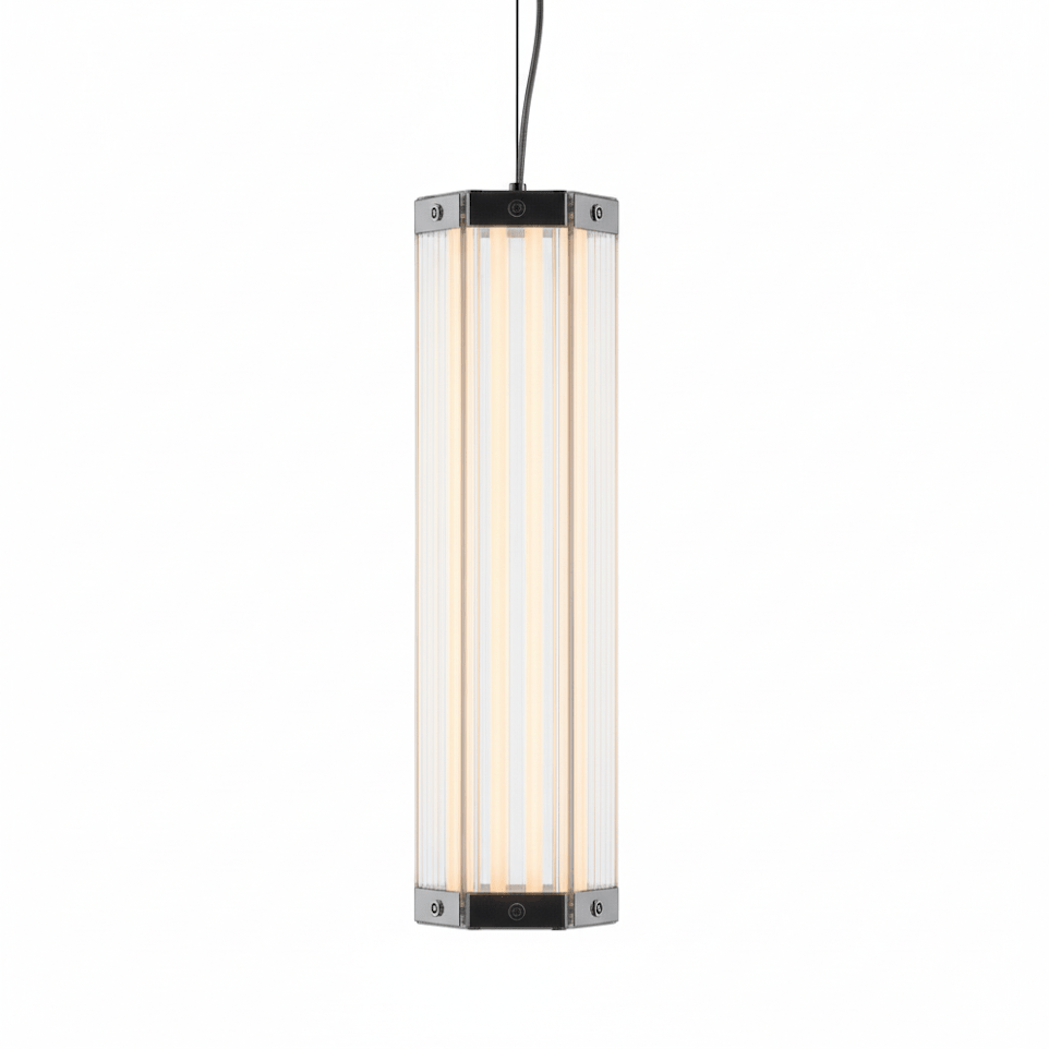 Hexagonal hanglamp van glas met chroomkader
