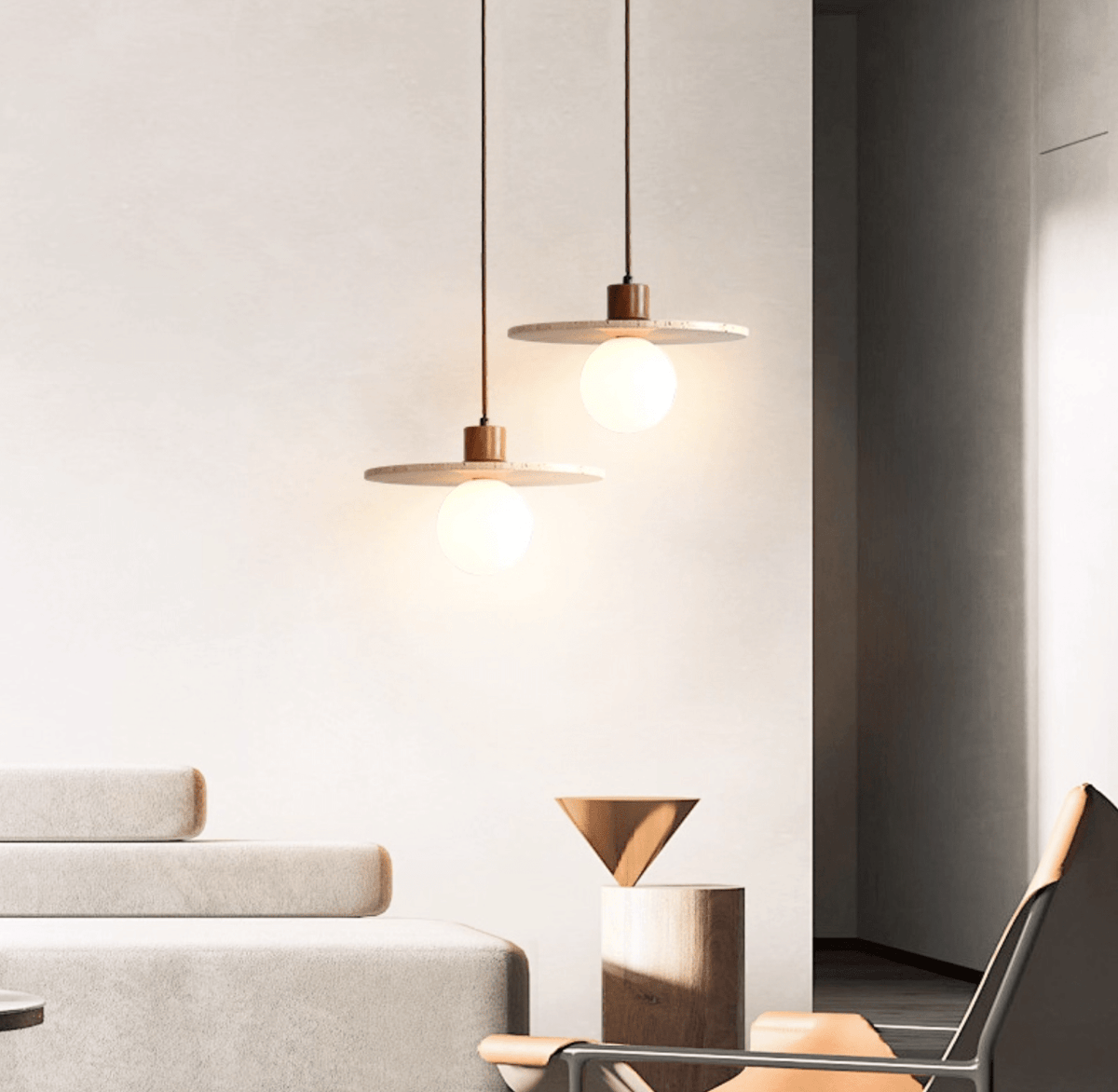 Tavuia hanglamp met geel travertin en walnoot