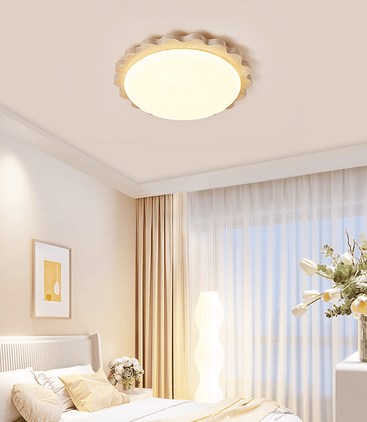 Crestwood plafondlamp in geel travertin met gebogen rand