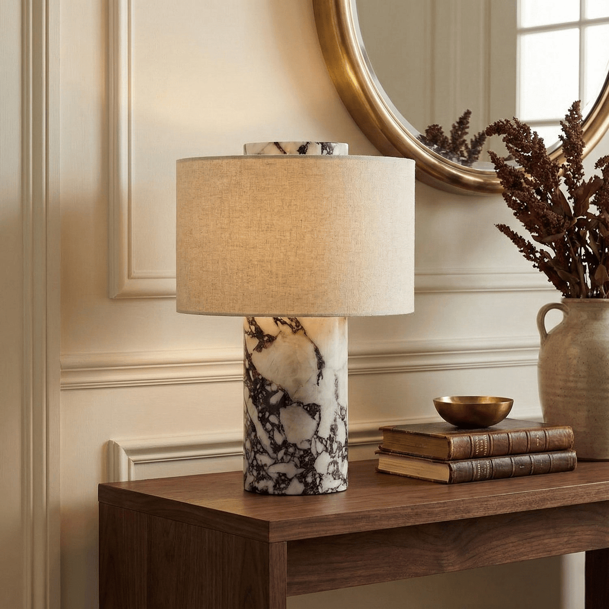 Eros Lumivor elegante tafellamp van marmer en stof in Bulgari Purple