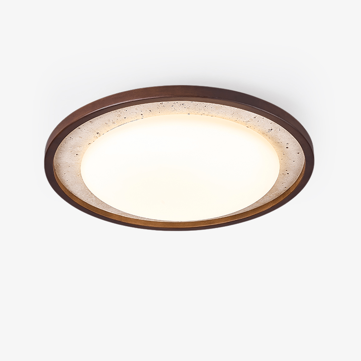 Bexm ronde plafondlamp van geel travertin en walnoothout