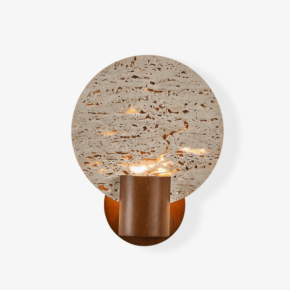 Taveiella wandlamp met ronde gele travertinschijf en walnootcilinder
