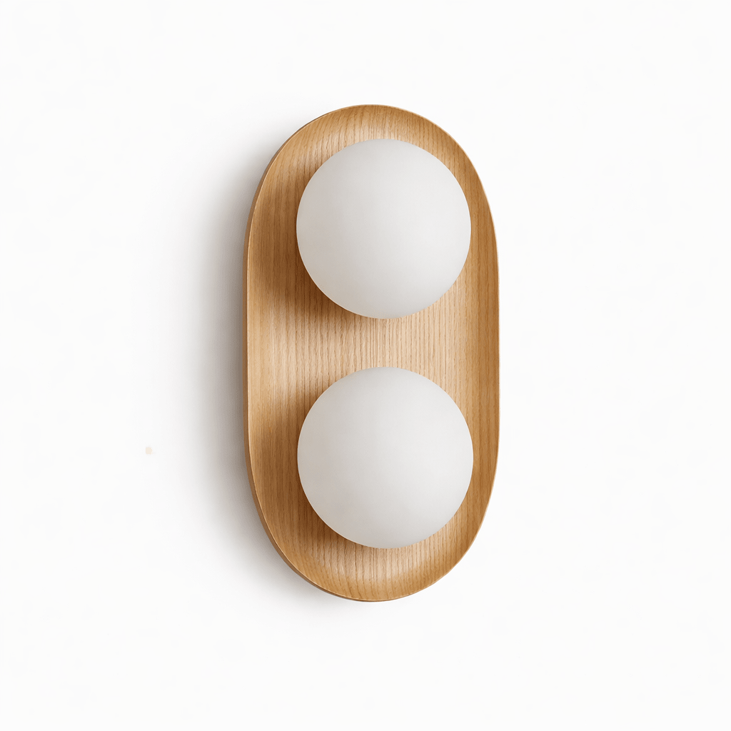 Twin Orb wandlamp met eiken achterplaat