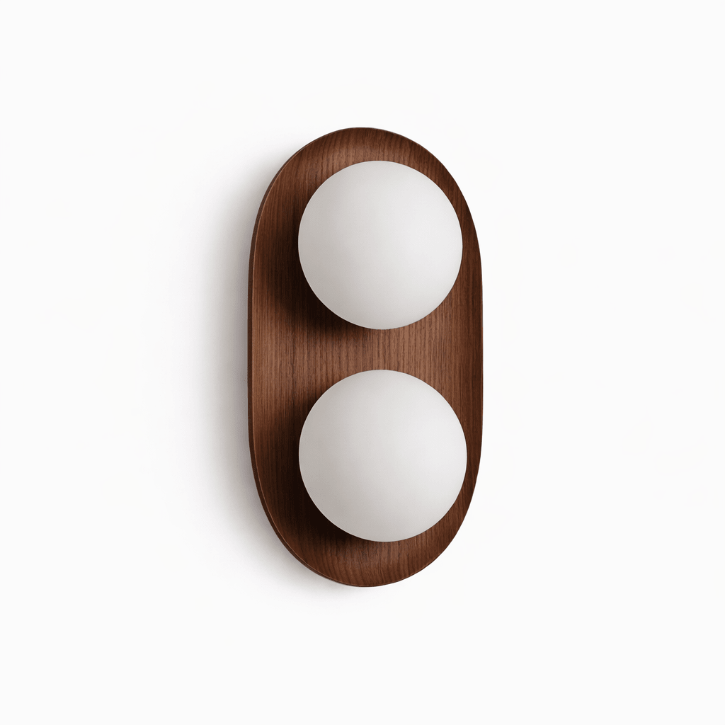Twin Orb wandlamp met eiken achterplaat