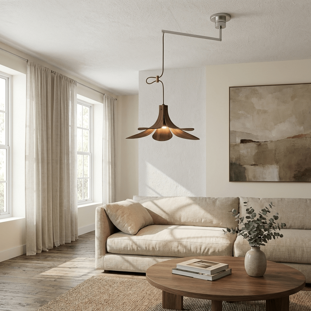 Sylaliella hanglamp met beweegbaar armatuur en conische houten kap