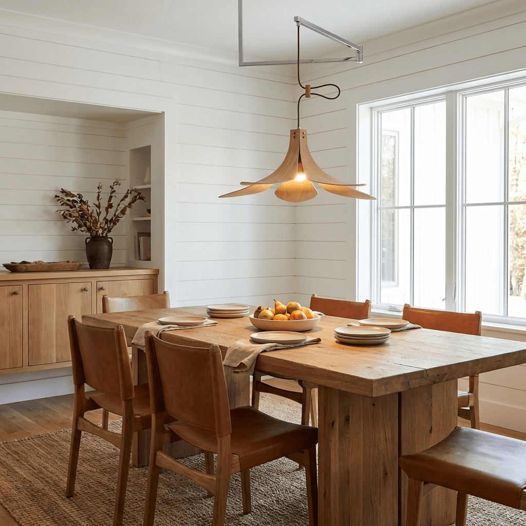 Sylaliella hanglamp met beweegbaar armatuur en conische houten kap