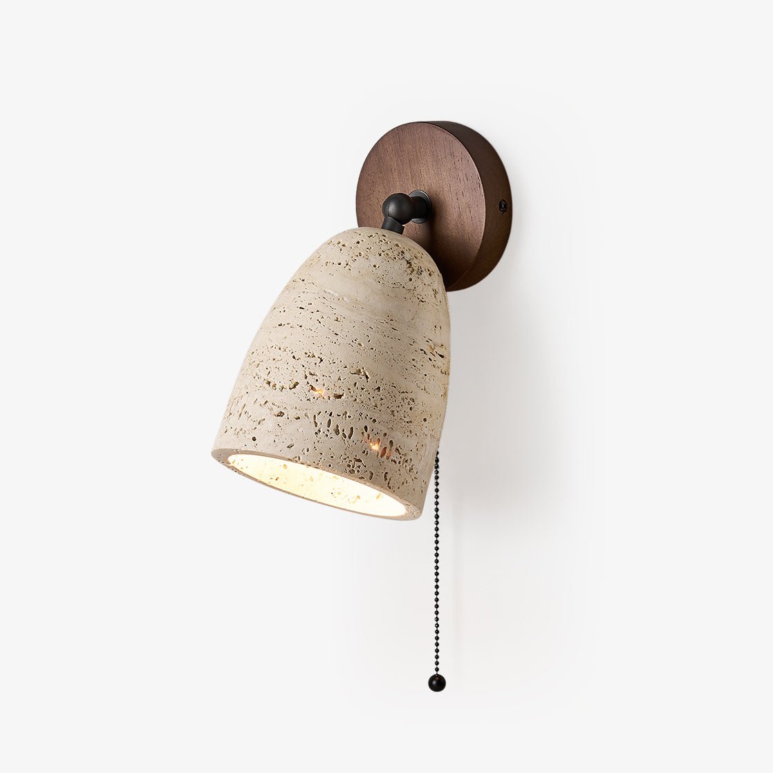 Valeholt wandlamp met trekkoord in geel travertin en walnootkleur
