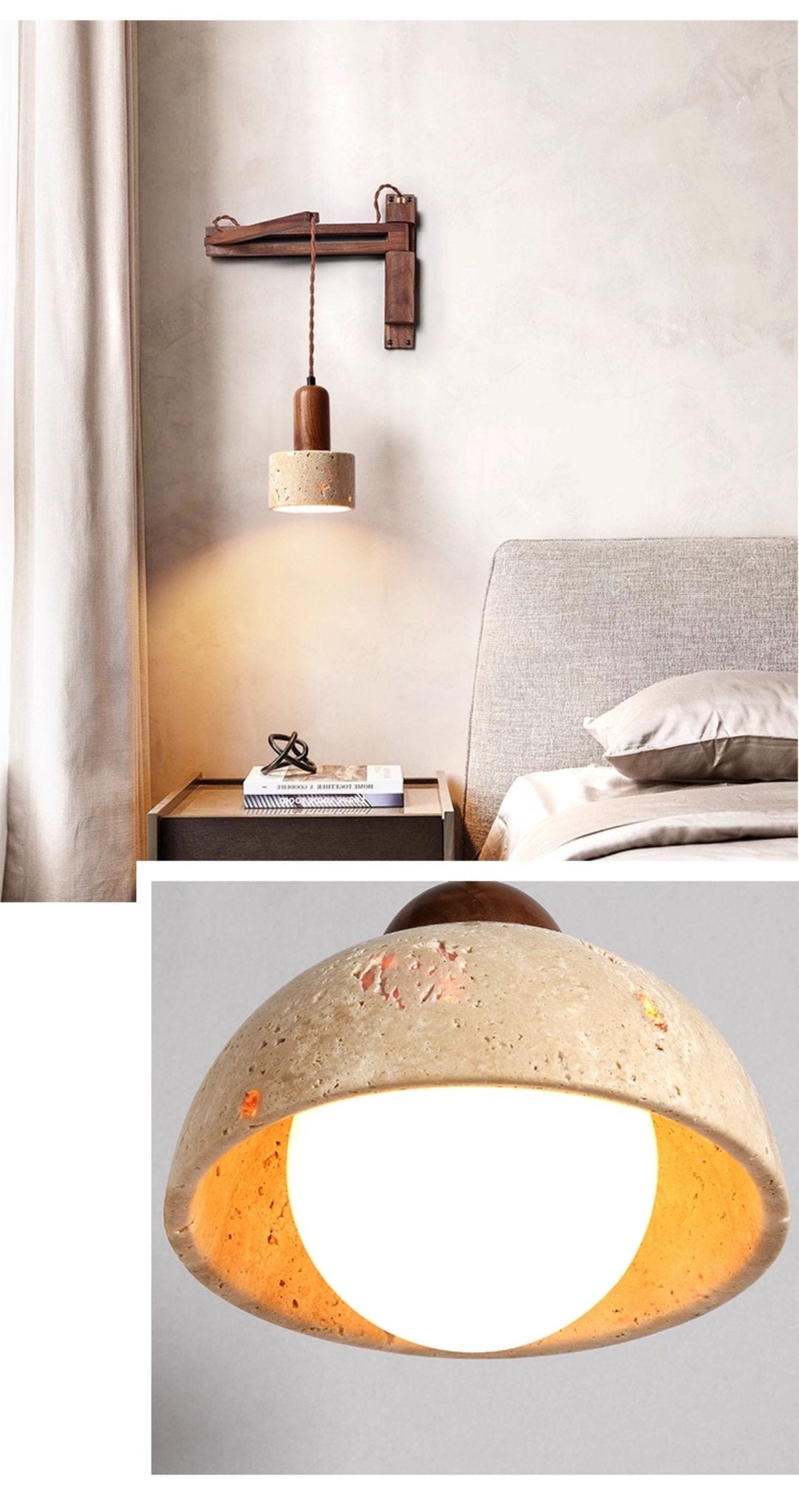 Arboren aanpasbare wandlamp met walnootkleurige draaibaar arm en geel travertin kap
