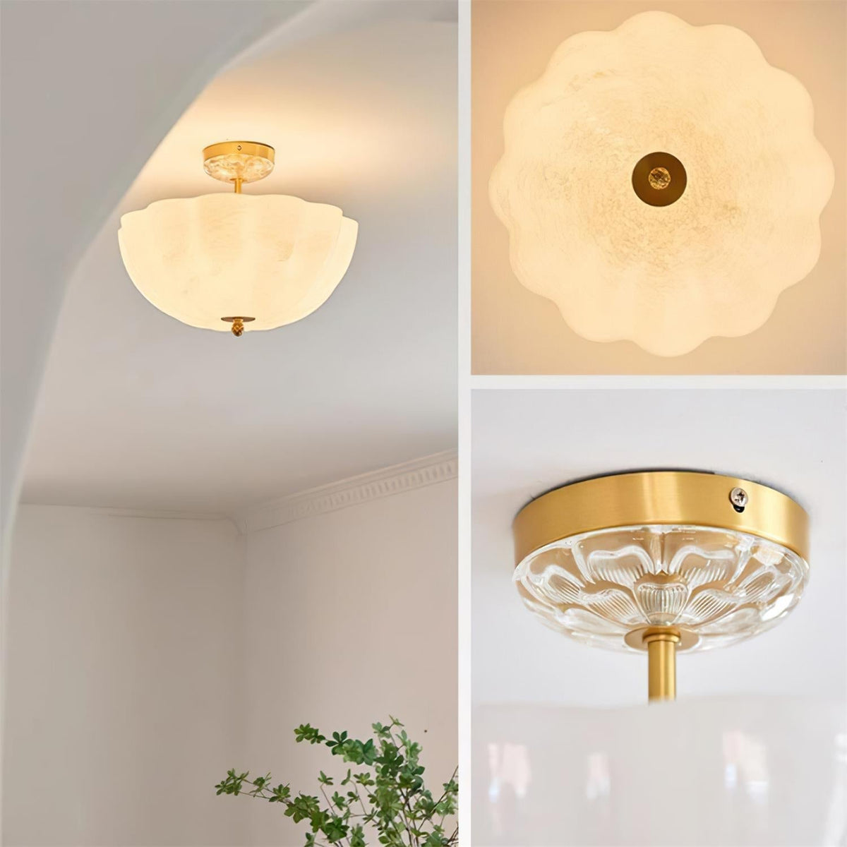 Cava plafondlamp van messing en glas met elegante bloemblaadjesilhouet modern