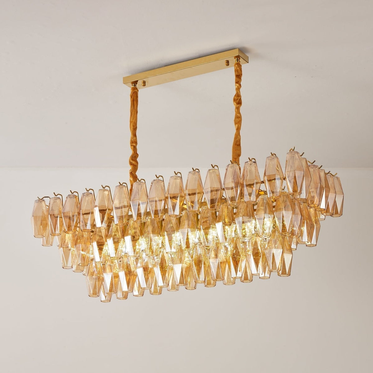 Lioraiel kroonluchter van glas met amberprismeglas in lagen rechthoekig