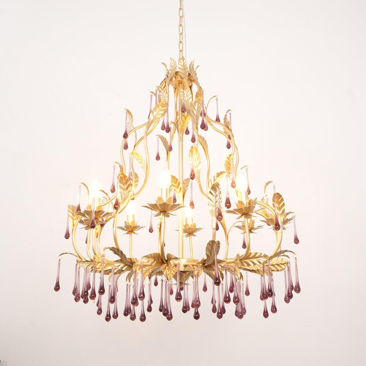 Orienaine hanglamp met paarse druppels en goudkleurige bladeren