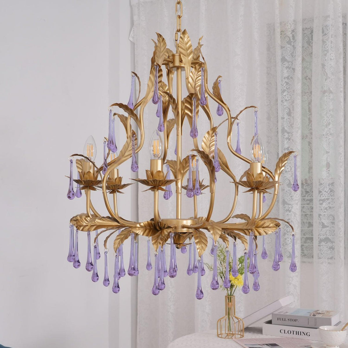 Orienaine hanglamp met paarse druppels en goudkleurige bladeren