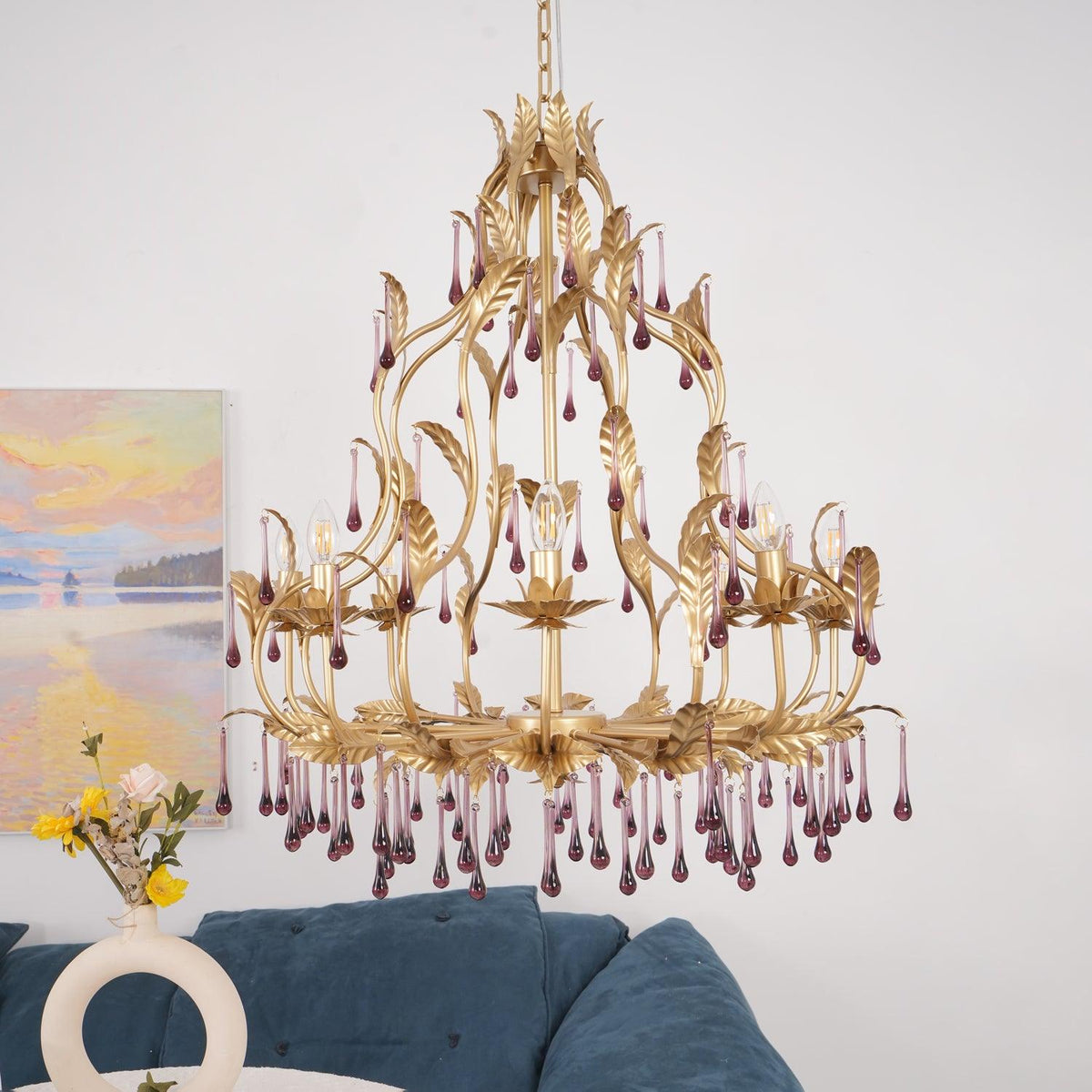 Orienaine hanglamp met paarse druppels en goudkleurige bladeren