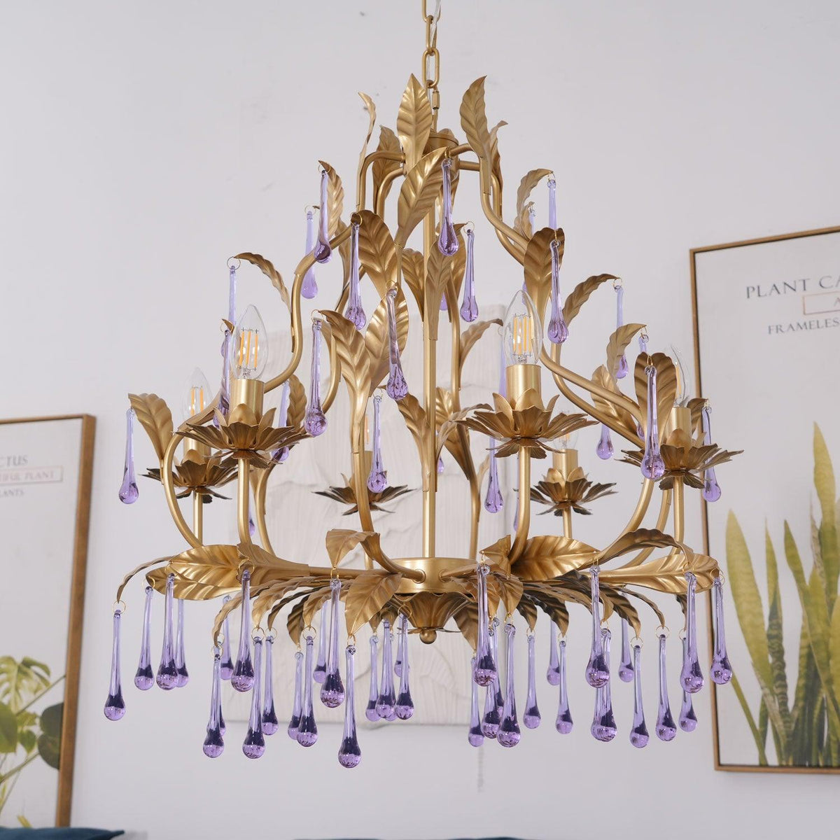 Orienaine hanglamp met paarse druppels en goudkleurige bladeren