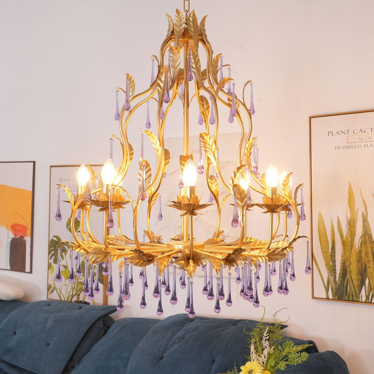 Orienaine hanglamp met paarse druppels en goudkleurige bladeren