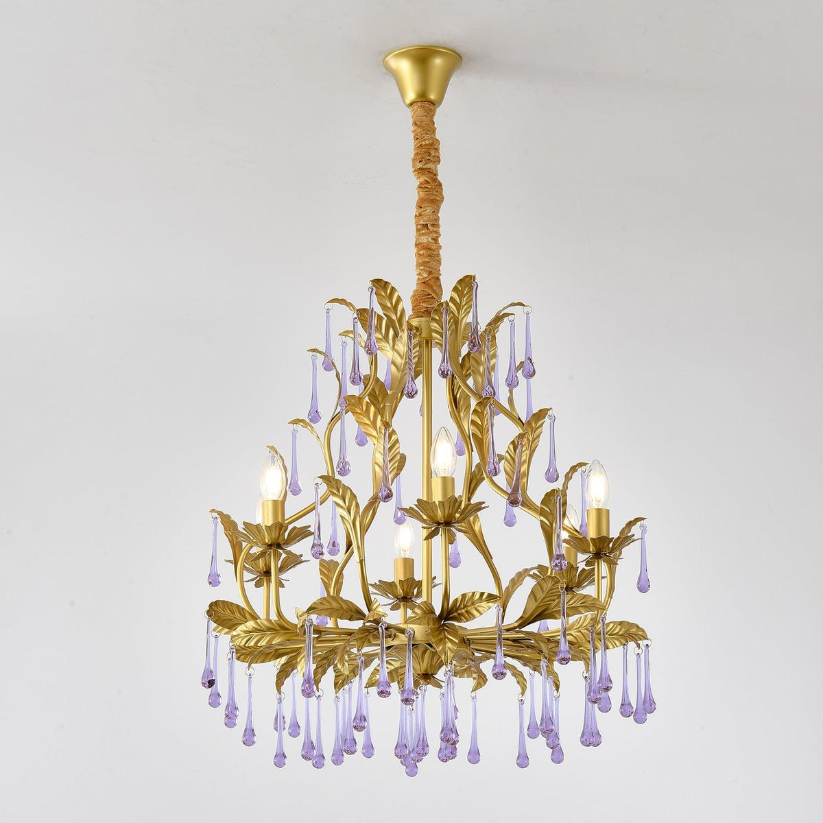 Orienaine hanglamp met paarse druppels en goudkleurige bladeren