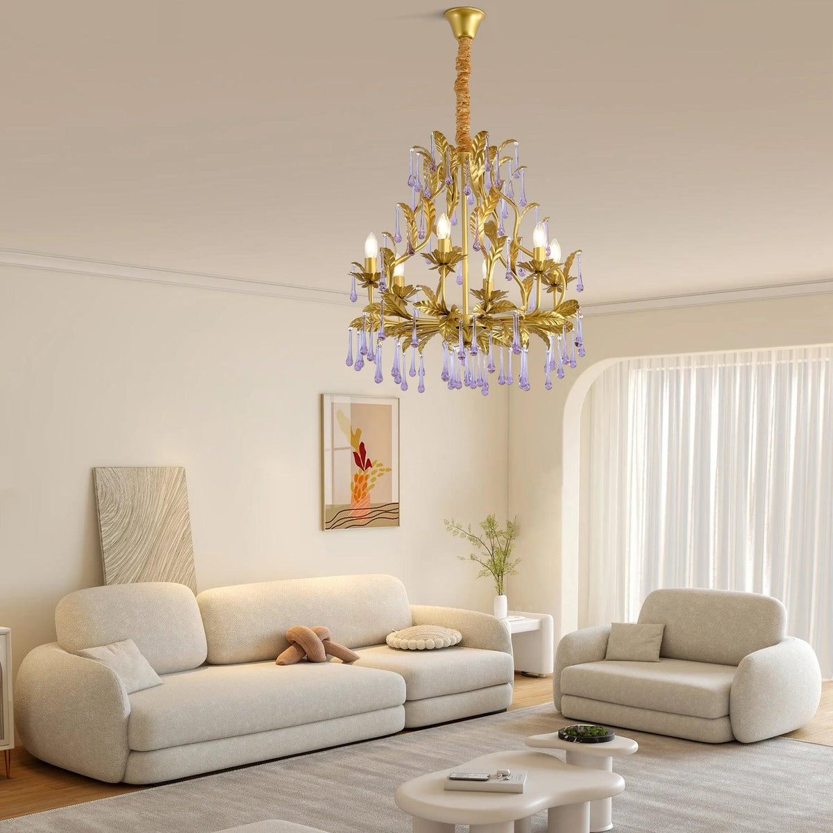 Orienaine hanglamp met paarse druppels en goudkleurige bladeren