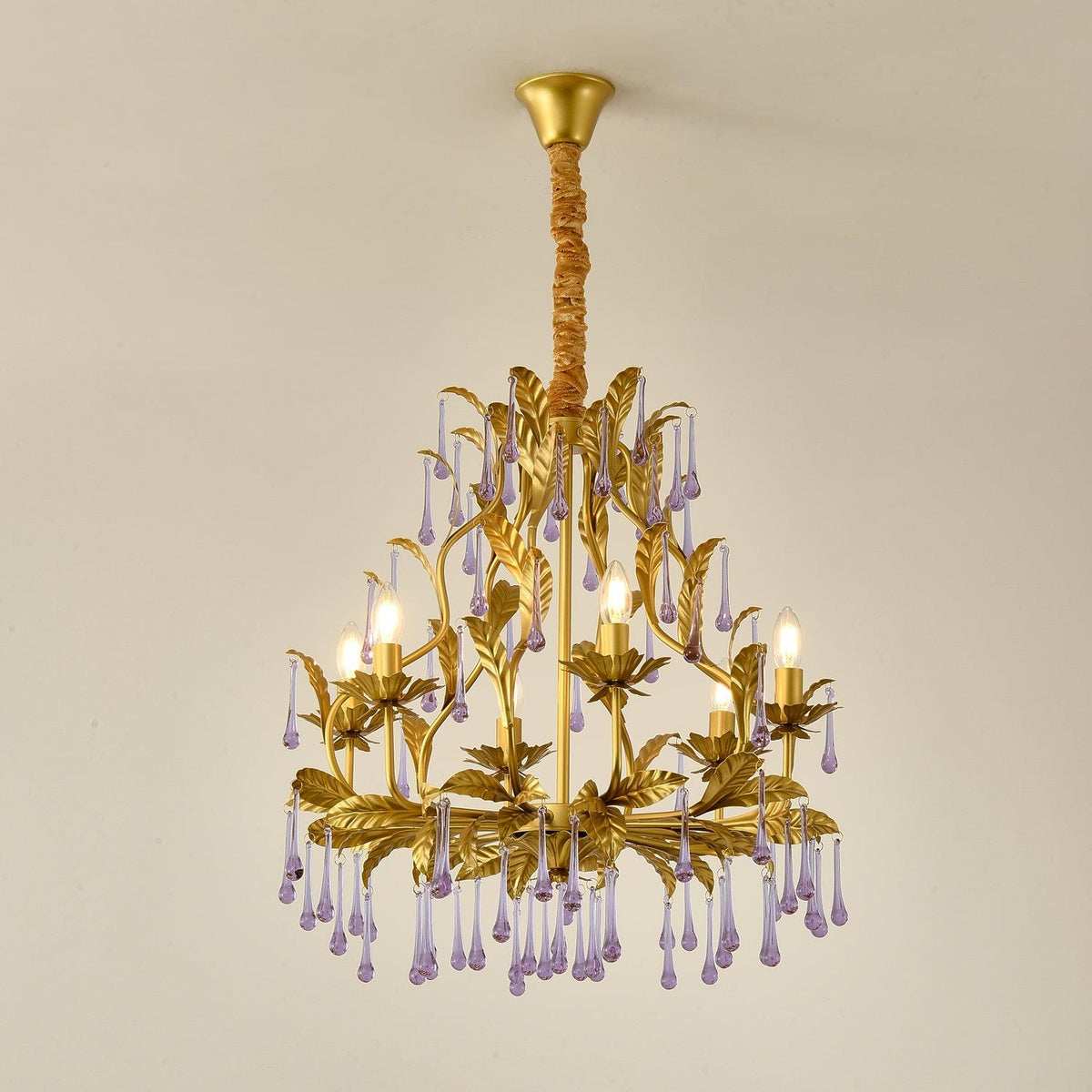Orienaine hanglamp met paarse druppels en goudkleurige bladeren