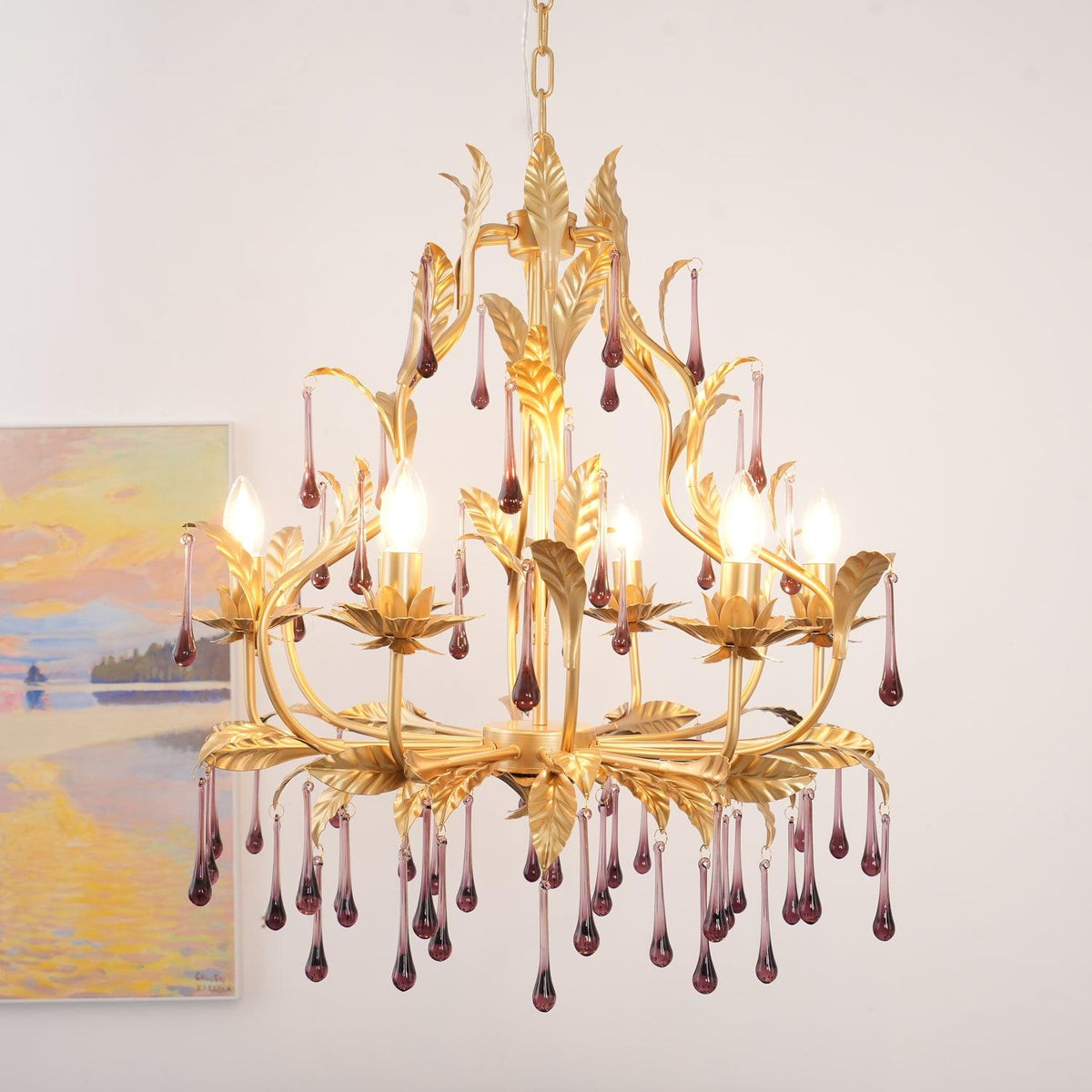 Orienaine hanglamp met paarse druppels en goudkleurige bladeren